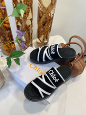 CHLOÉ WOODY WEDGE SANDALS IN BLACK MIX WHITE CANVAS WITH RUBBER SOLE