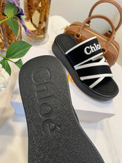 CHLOÉ WOODY WEDGE SANDALS IN BLACK MIX WHITE CANVAS WITH RUBBER SOLE