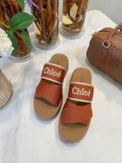 CHLOÉ WOODY WEDGE SANDALS IN BRONZE BROWN CANVAS WITH CIDER BROWN RUBBER SOLE