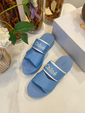 CHLOÉ WOODY WEDGE SANDALS IN CERULEAN BLUE CANVAS WITH RUBBER SOLE