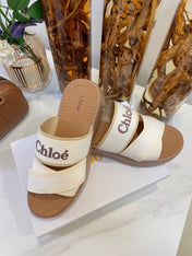 WOODY WEDGE SANDALS IN WHITE CANVAS WITH CIDER BROWN RUBBER SOLE