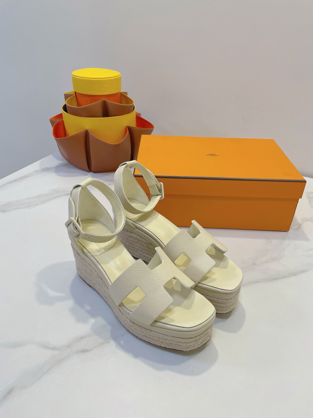 HM 26S ESPADRILLE WEDGE SANDALS IN CREAM WHITE CALFSKIN