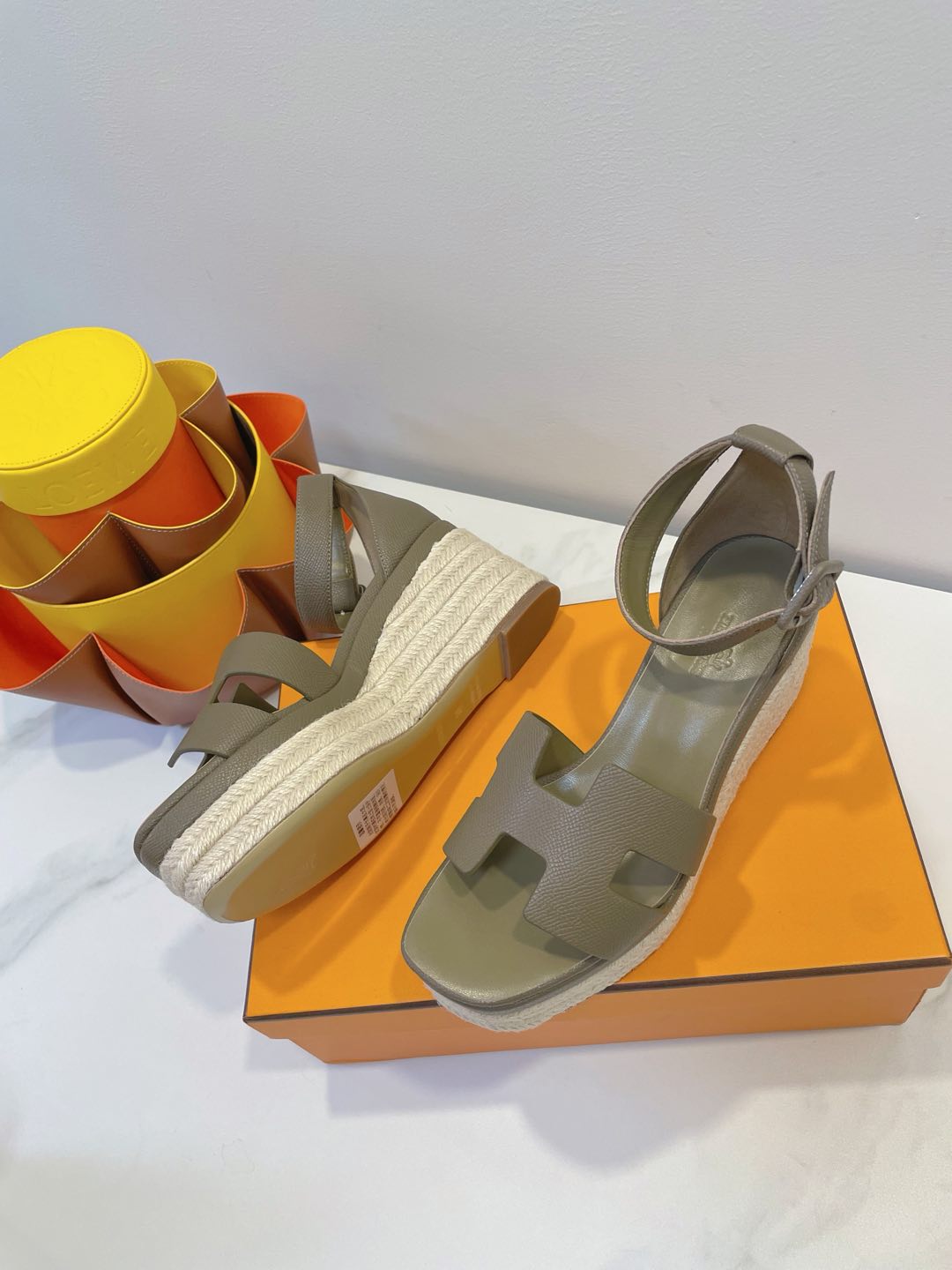 HM 26S ESPADRILLE WEDGE SANDALS IN MOSSY GREY CALFSKIN