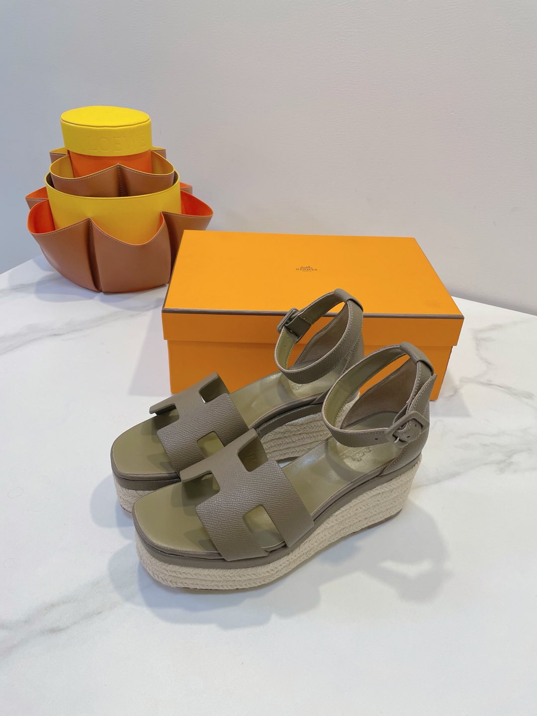 HM 26S ESPADRILLE WEDGE SANDALS IN MOSSY GREY CALFSKIN
