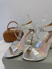 TOM FORD 26S HIGH HEEL SANDALS IN METALLIC SILVER SNAKESKIN CALFSKIN