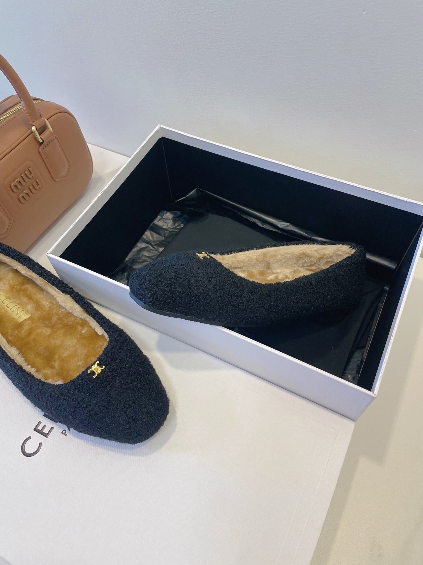 CELINE 26S FLAT SHOES IN BLACK WOOL