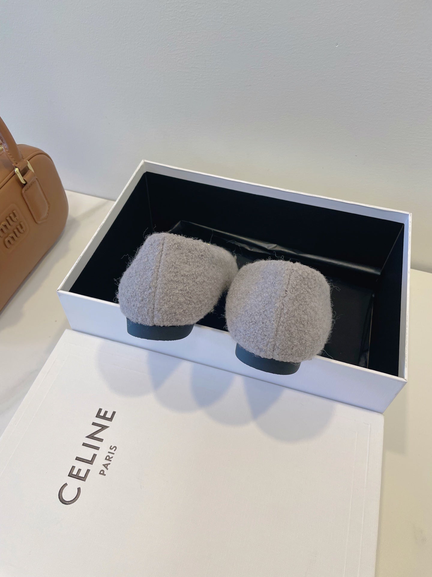 CELINE 26S FLAT SHOES IN GREY AND BLACK WOOL