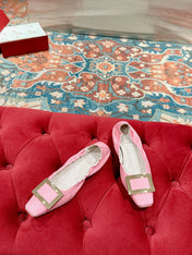 BELLE VIVIER BALLERINAS IN PINK SHINY LAMBSKIN GOLD PATENT SQUARE BUCKLE