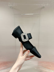 MARY JANES IN BLACK SATIN WITH CRYSTAL SQUARE BUCKLE
