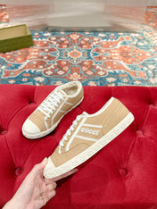 GG CANVAS SNEAKER IN CAMEL BROWN DENIM WITH BEIGE FLEECE LINING