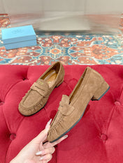 PRADA 26S LOAFERS 25MM IN CARAMEL BROWN SUEDE