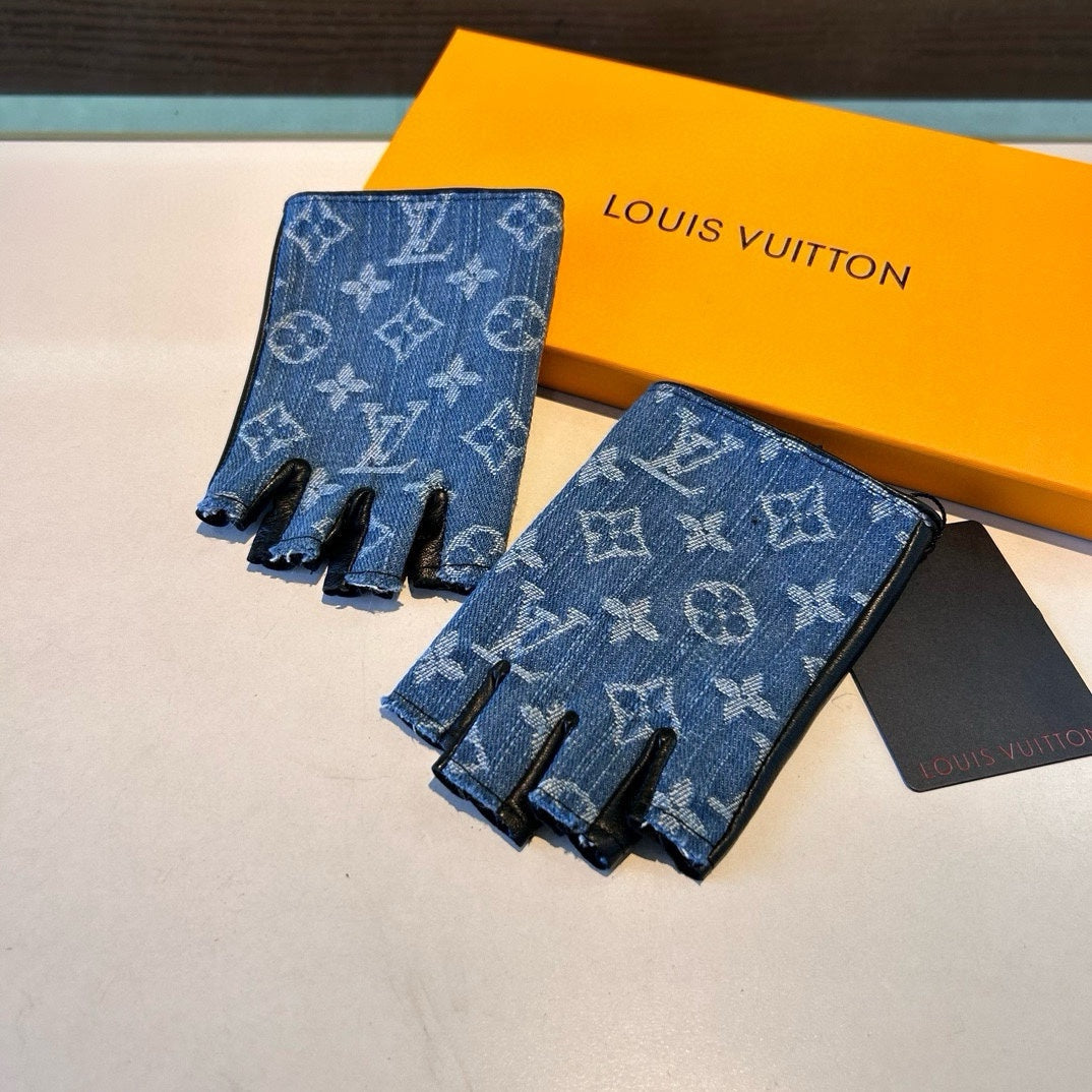FINGERLESS GLOVES IN ELECTRIC BLUE MONOGRAM DENIM AND BLACK LAMBSKIN 460107