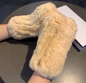 FINGERLESS HALF GLOVES IN BEIGE CREAM RABBIT FUR 462277