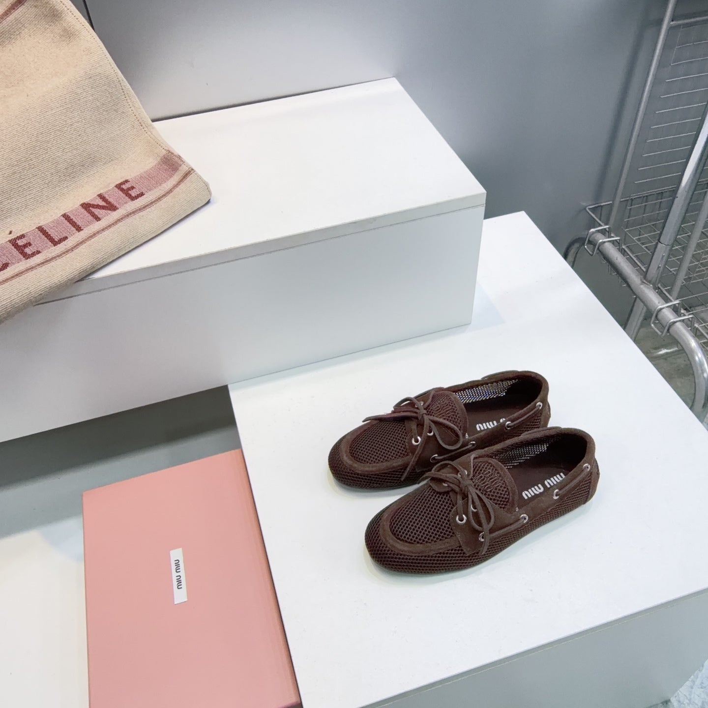 MIUMIU 26S BOAT SHOES IN DARK BROWN MESH AND SUEDE