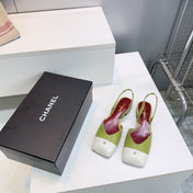 CHANEL 26S FLAT SLINGBACK IN GREEN LAMBSKIN WITH WHITE CAP TOE