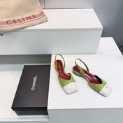 CHANEL 26S FLAT SLINGBACK IN GREEN LAMBSKIN WITH WHITE CAP TOE