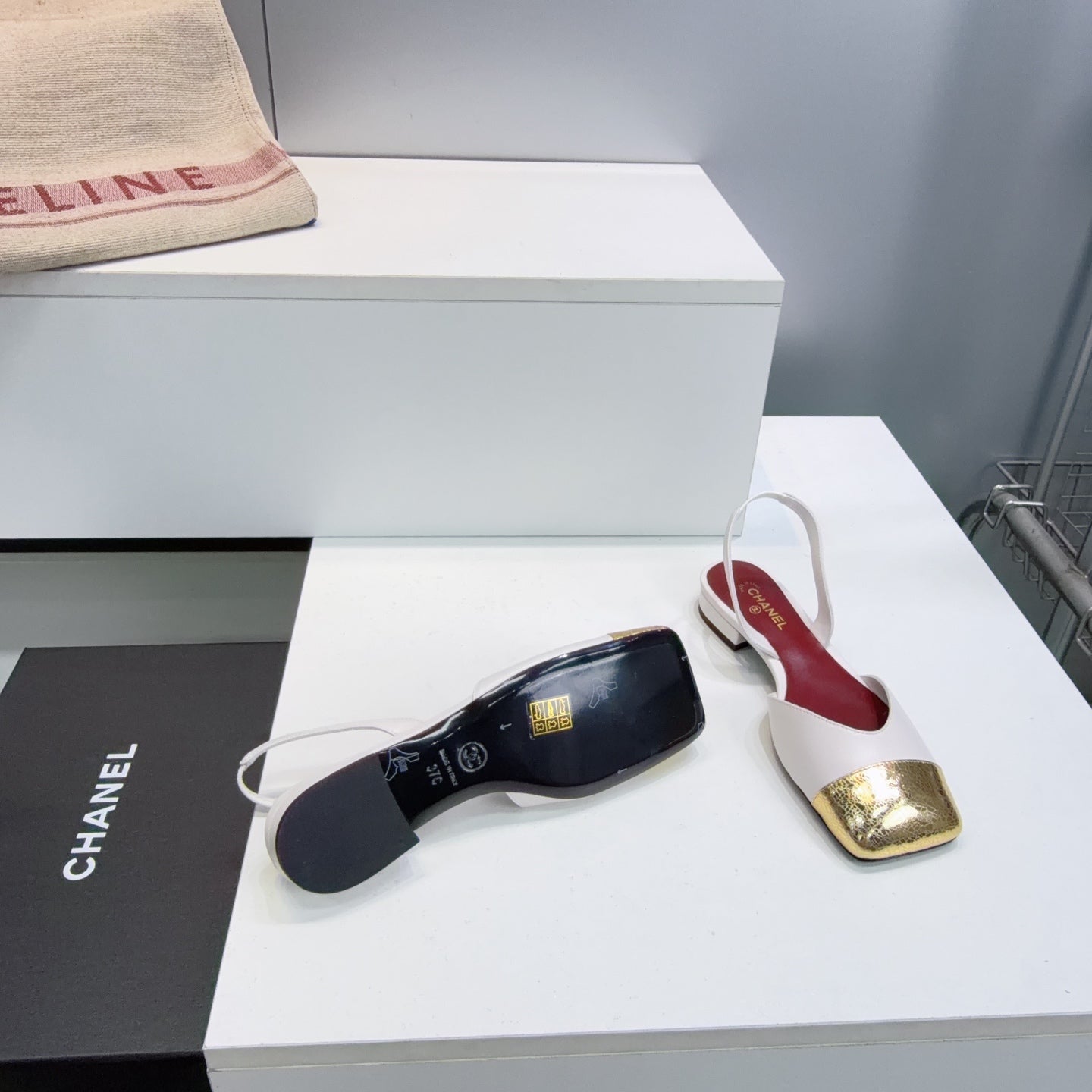 CHANEL 26S FLAT SLINGBACK IN WHITE LAMBSKIN WITH GOLD CAP TOE