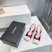 CHANEL 26S SLINGBACK 55 MM IN RED GLOSSY LAMBSKIN WITH WHITE CAP TOE