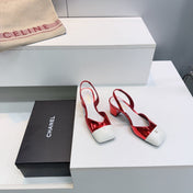 CHANEL 26S SLINGBACK 55 MM IN RED GLOSSY LAMBSKIN WITH WHITE CAP TOE