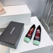 CHANEL 26S SQUARE-TOE HIGH HEELS 55 MM IN BLACK LAMBSKIN WITH MINT GREEN CAP TOE