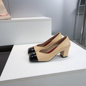 CHANEL 26S SQUARE-TOE HIGH HEELS 55 MM IN BEIGE LAMBSKIN WITH BLACK CAP TOE