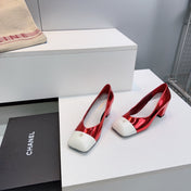 CHANEL 26S SQUARE-TOE HIGH HEELS 55 MM IN RED GLOSSY LAMBSKIN WITH WHITE CAP TOE