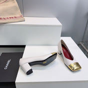 CHANEL 26S SQUARE-TOE HIGH HEELS 55 MM IN WHITE LAMBSKIN WITH GOLD CAP TOE