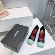 CHANEL 26S SQUARE-TOE HIGH HEELS 95 MM IN BLACK LAMBSKIN WITH MINT GREEN CAP TOE