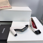 CHANEL 26S SQUARE-TOE HIGH HEELS 95 MM IN WHITE LAMBSKIN WITH BLACK CAP TOE