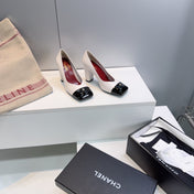 CHANEL 26S SQUARE-TOE HIGH HEELS 95 MM IN WHITE LAMBSKIN WITH BLACK CAP TOE