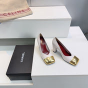 CHANEL 26S SQUARE-TOE HIGH HEELS 95 MM IN WHITE LAMBSKIN WITH GOLD CAP TOE