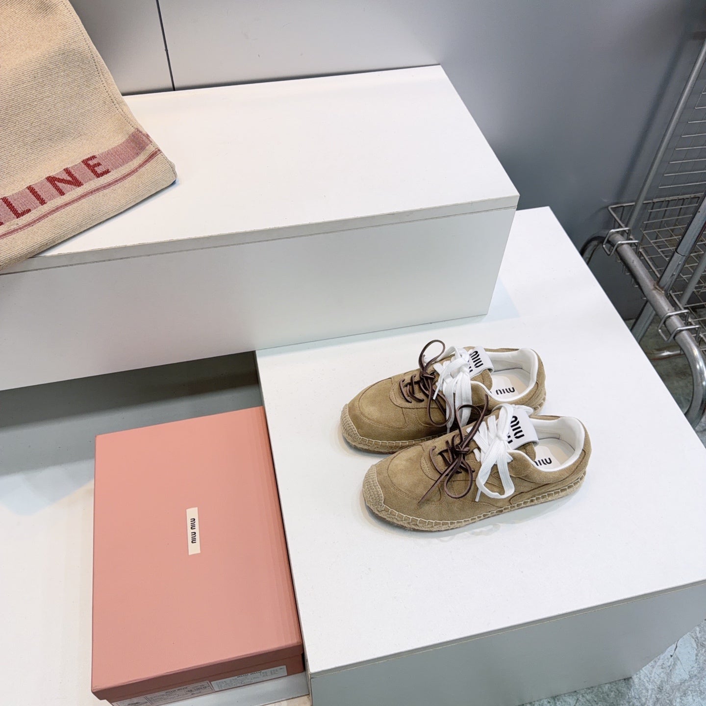 MIUMIU 26S LACE UP ESPADRILLE SNEAKERS IN LIGHT BROWN SUEDE ROPE SOLE