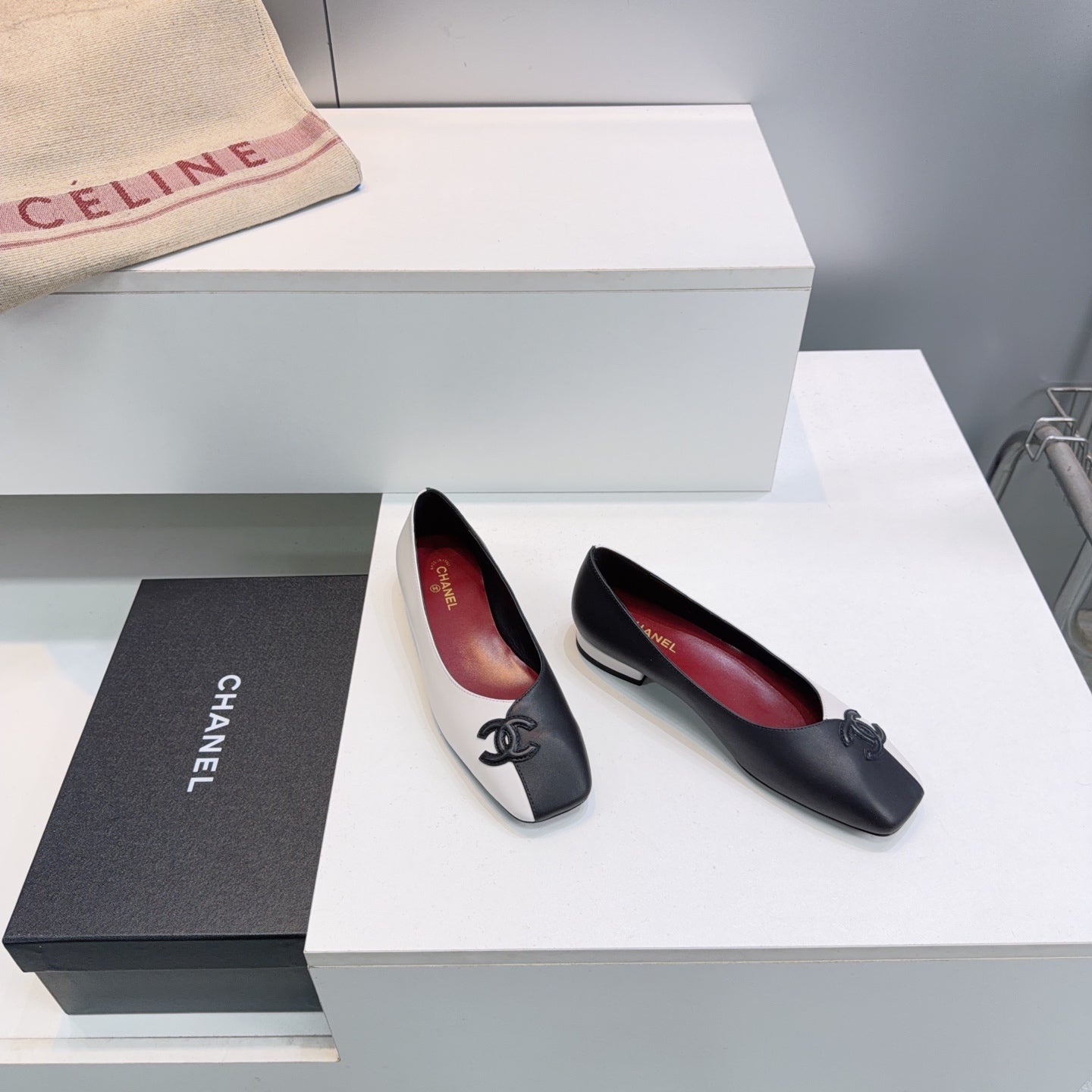 CHANEL 26S SQUARE-TOE FLATS IN BLACK AND WHITE LAMBSKIN