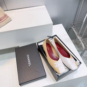 CHANEL 26S SQUARE-TOE FLATS IN BEIGE AND WHITE LAMBSKIN