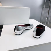 CHANEL 26S SQUARE-TOE FLATS IN SILVER LAMBSKIN AND BLACK SUEDE