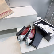 CHANEL 26S SQUARE-TOE FLATS IN SILVER LAMBSKIN AND BLACK SUEDE