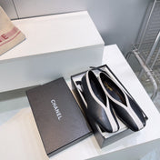 CHANEL 26S SQUARE-TOE FLATS IN BLACK LAMBSKIN WITH WHITE TRIM