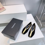 CHANEL 26S SQUARE-TOE FLATS IN BLACK SUEDE WITH GOLD PATENT TRIM