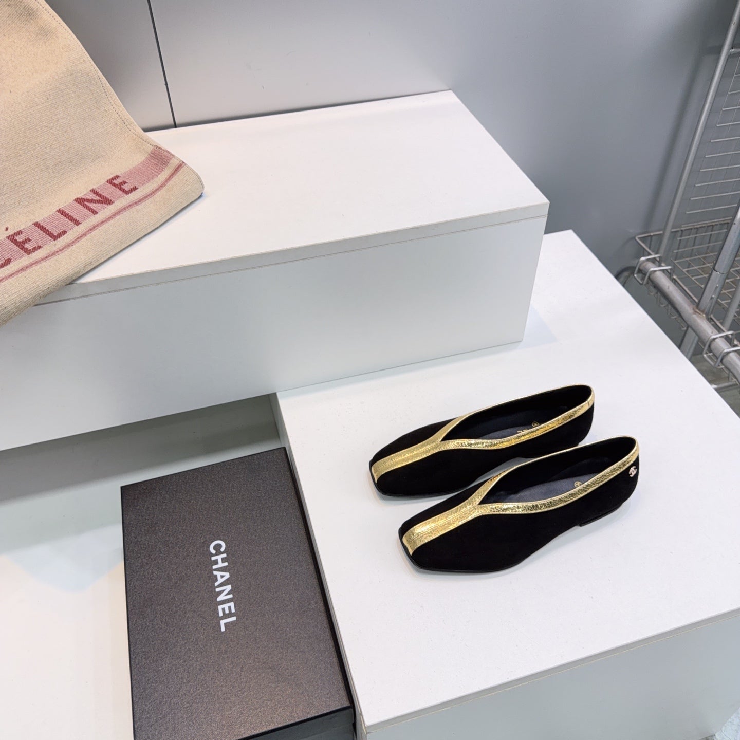 CHANEL 26S SQUARE-TOE FLATS IN BLACK SUEDE WITH GOLD PATENT TRIM