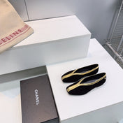 CHANEL 26S SQUARE-TOE FLATS IN BLACK SUEDE WITH GOLD PATENT TRIM
