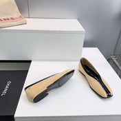CHANEL 26S SQUARE-TOE FLATS IN BEIGE SUEDE WITH BLACK PATENT TRIM