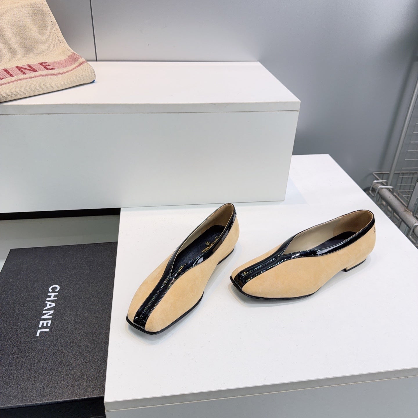 CHANEL 26S SQUARE-TOE FLATS IN BEIGE SUEDE WITH BLACK PATENT TRIM