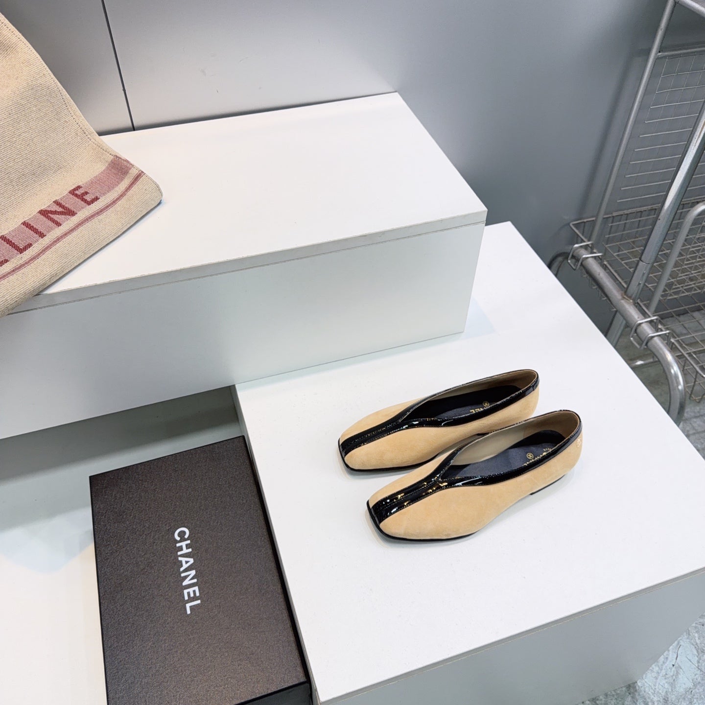 CHANEL 26S SQUARE-TOE FLATS IN BEIGE SUEDE WITH BLACK PATENT TRIM