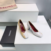 CHANEL 26S SQUARE-TOE HIGH HEELS 95 MM IN BEIGE AND WHITE LAMBSKIN