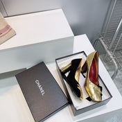 CHANEL 26S SQUARE-TOE HIGH HEELS 95 MM IN GOLD LAMBSKIN AND BLACK SUEDE