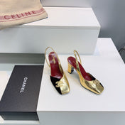 CHANEL 26S SLINGBACK 100 MM IN GOLD LAMBSKIN AND BLACK SUEDE