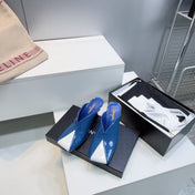 CHANEL 26S HIGH-HEEL MULES 70 MM IN BLUE AND WHITE LAMBSKIN