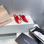 CHANEL 26S HIGH-HEEL MULES 70 MM IN PINK AND RED LAMBSKIN