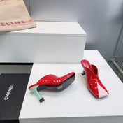 CHANEL 26S HIGH-HEEL MULES 70 MM IN PINK AND RED LAMBSKIN