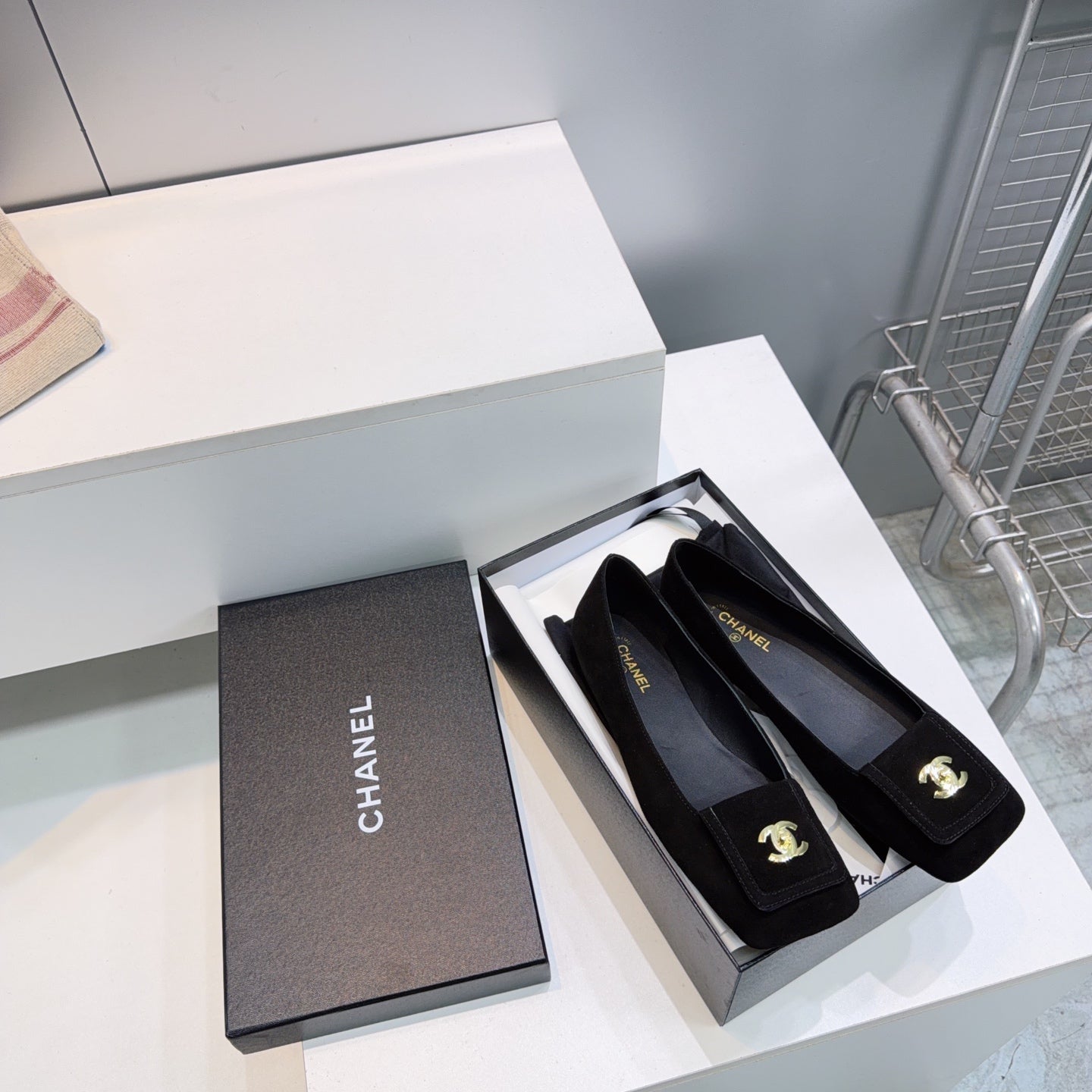 CHANEL 26S SQUARE-TOE BALLET FLATS IN BLACK SUEDE